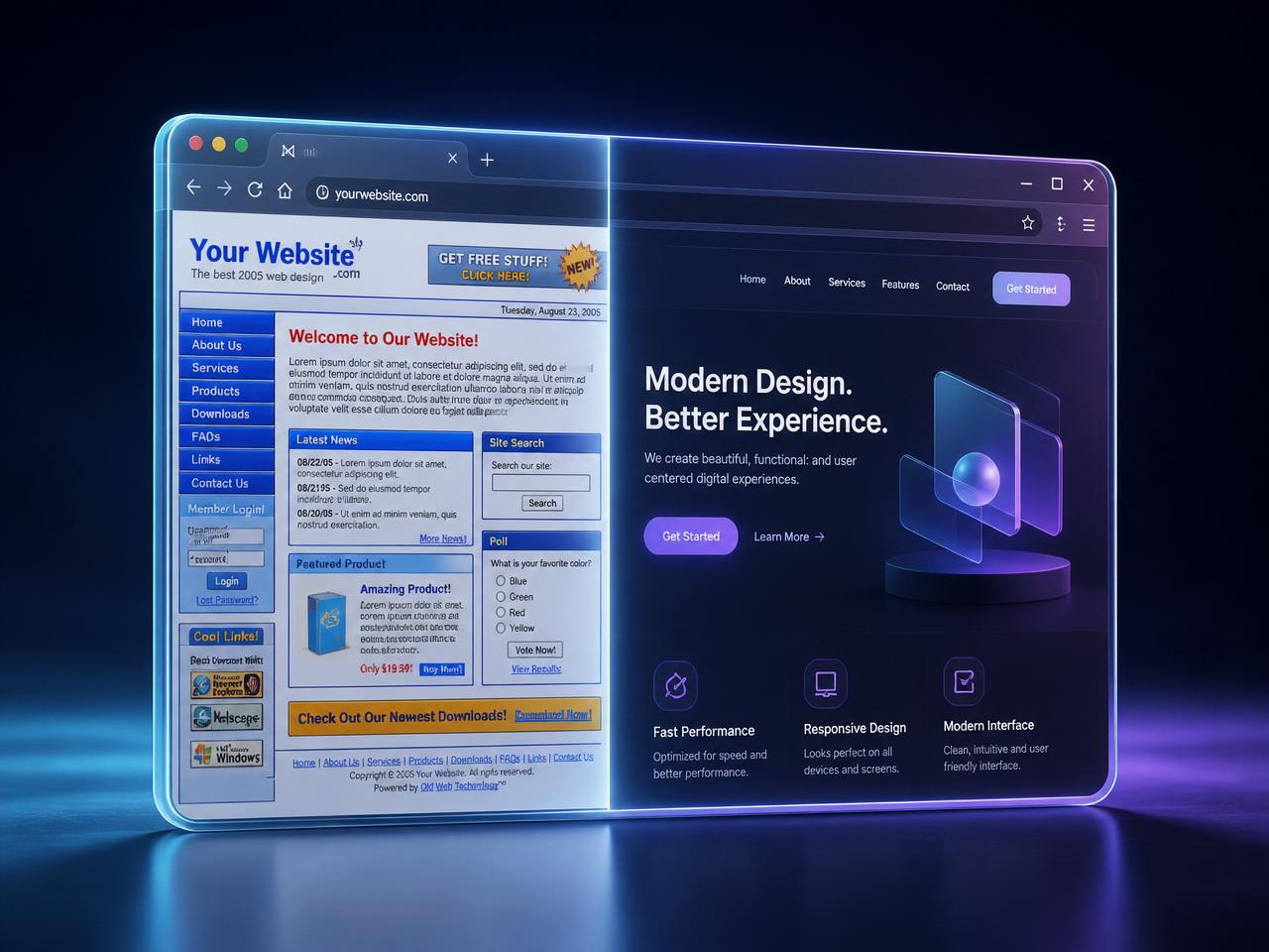 A dated small-business website transforming into a clean, modern, mobile-friendly design